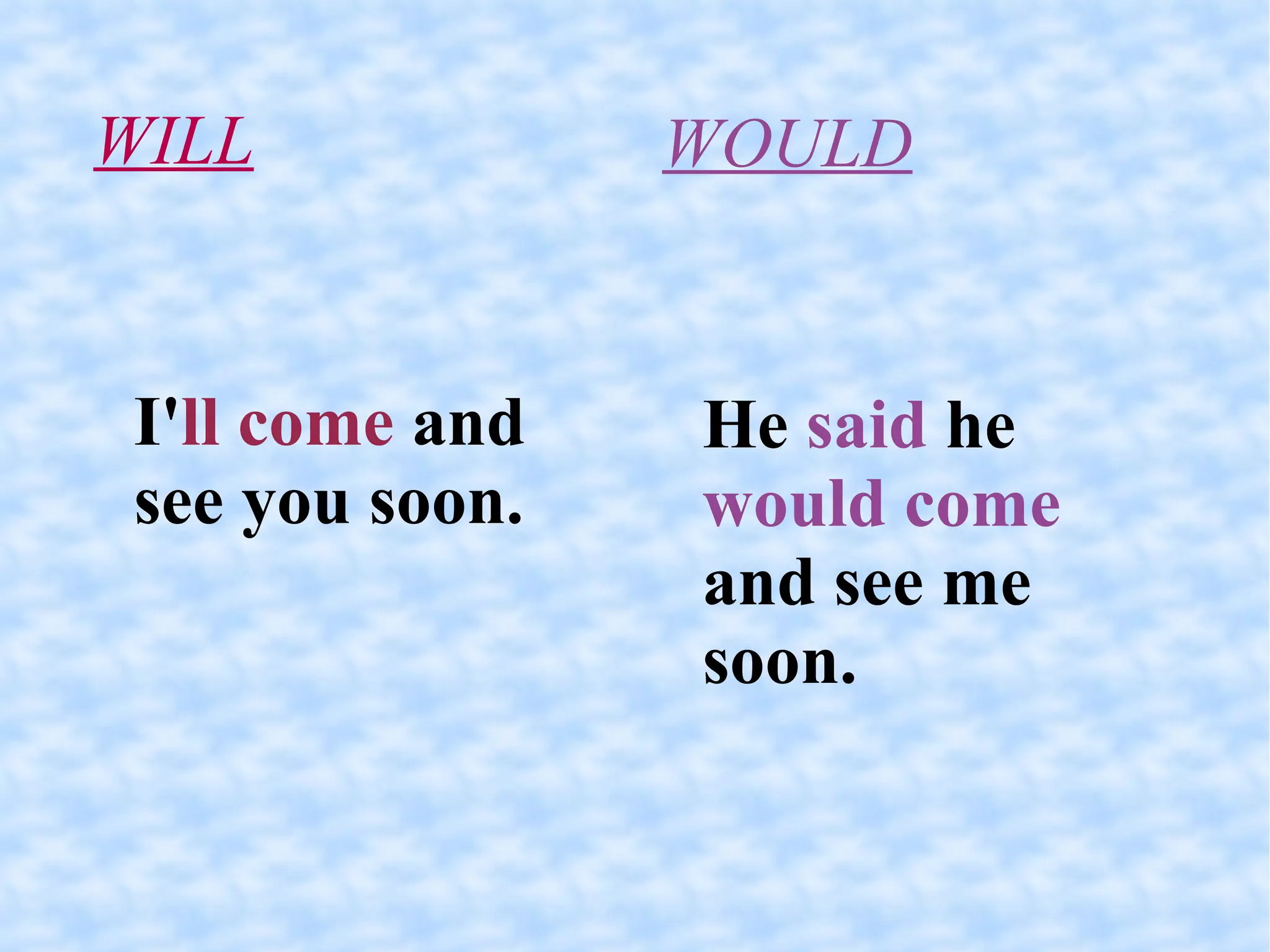 WILL I' ll come  and see you soon. WOULD He  said  he  would come  and see me soon. 