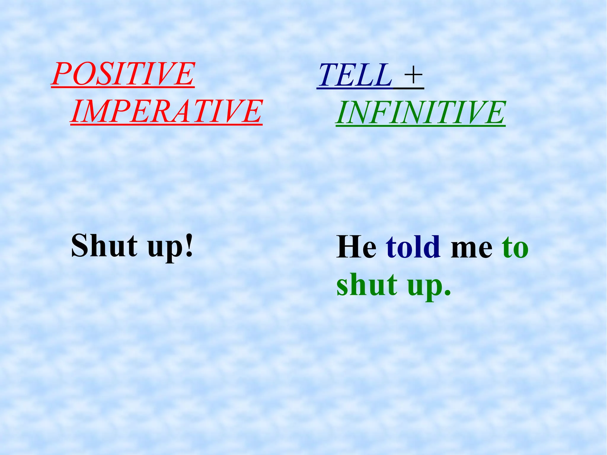 POSITIVE IMPERATIVE   Shut up! TELL  +   INFINITIVE   He  told  me  to shut up. 