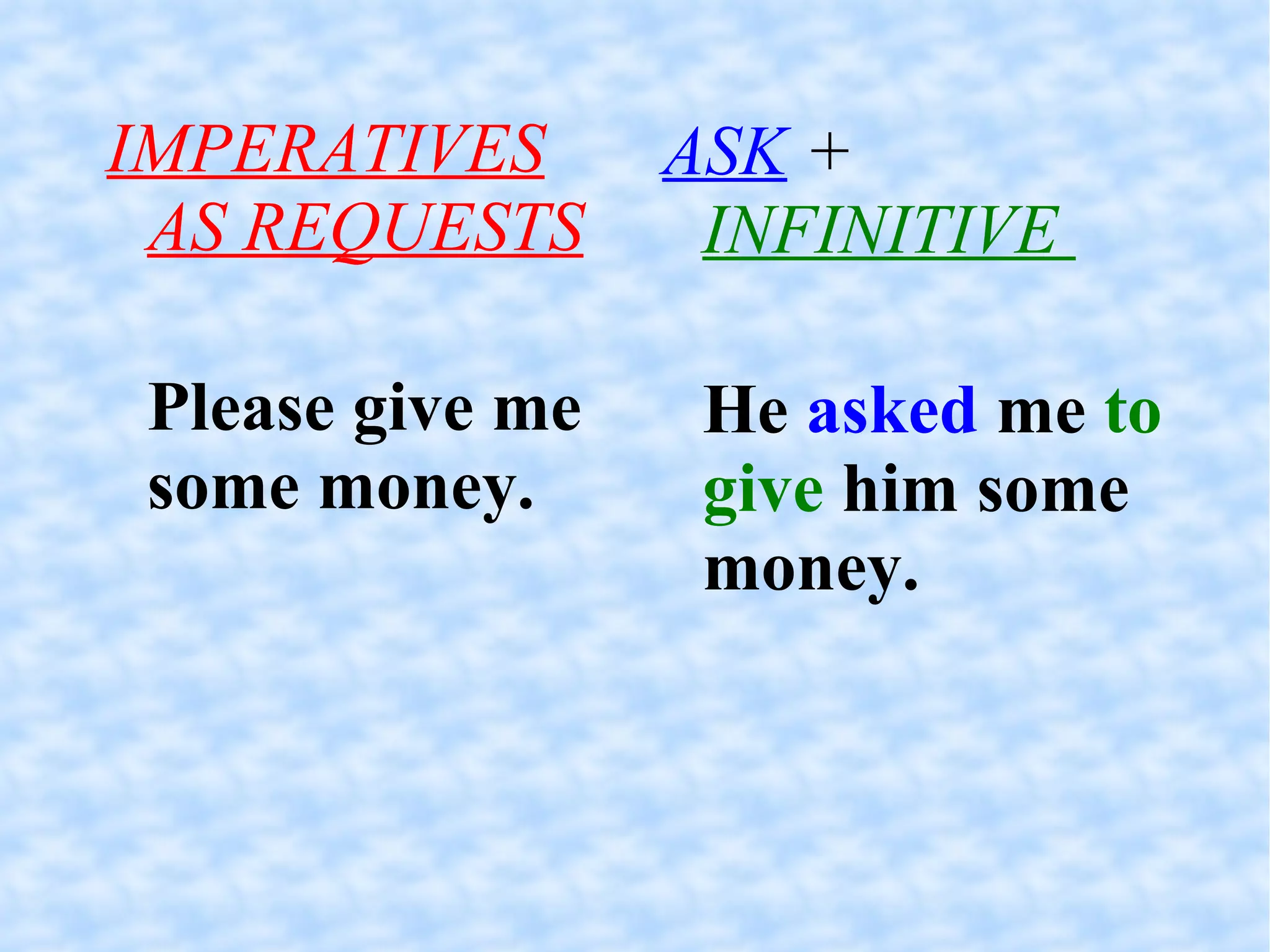 IMPERATIVES AS REQUESTS Please give me some money. ASK  +   INFINITIVE  He  asked  me  to give  him some money. 