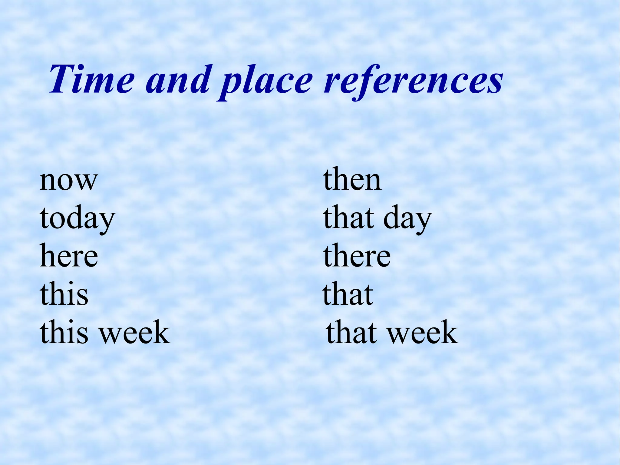 Time and place references now  then today  that day here  there this  that this week  that week 