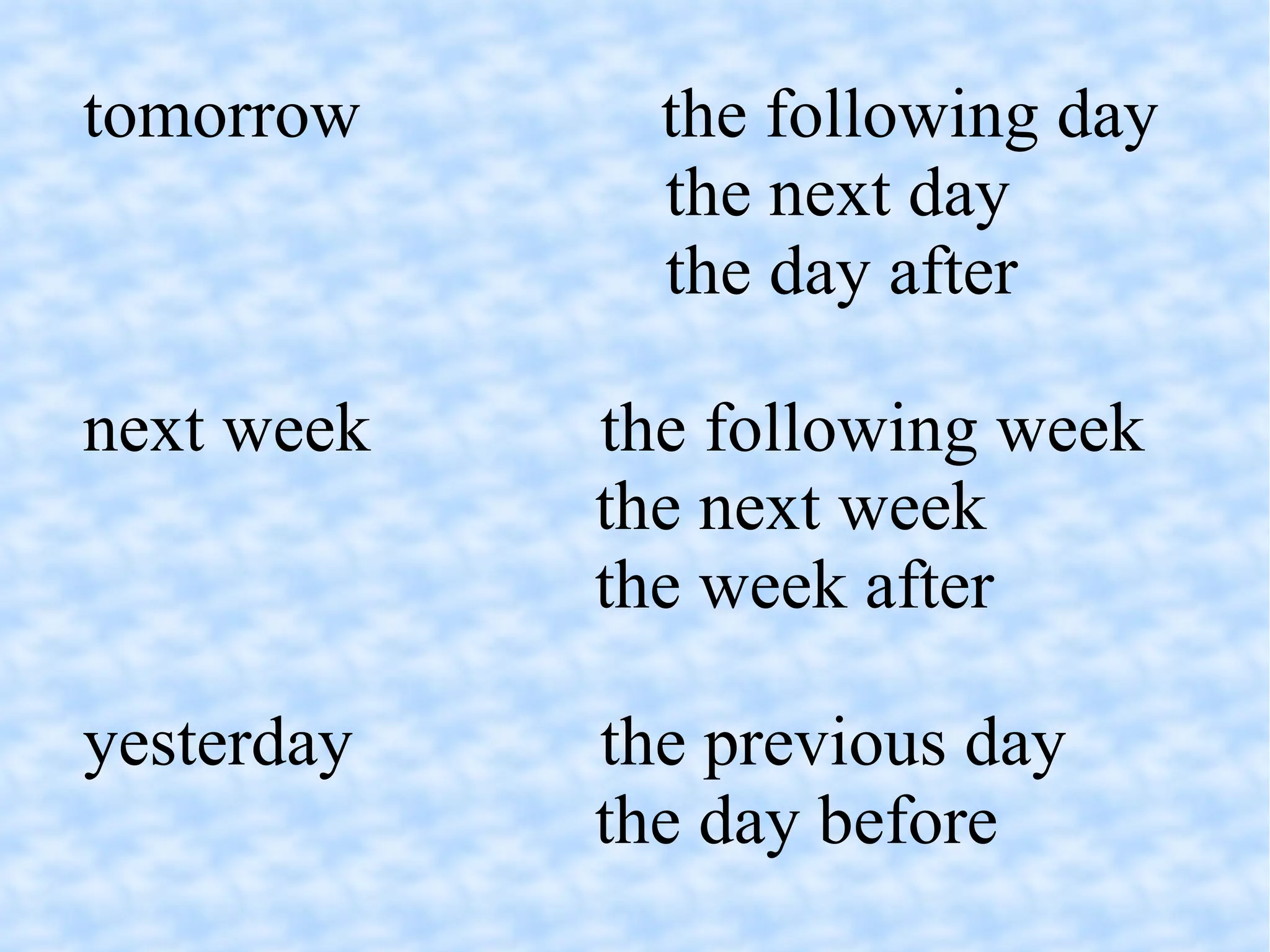 tomorrow  the following day  the next day    the day after next week  the following week  the next week  the week after yesterday  the previous day    the day before  