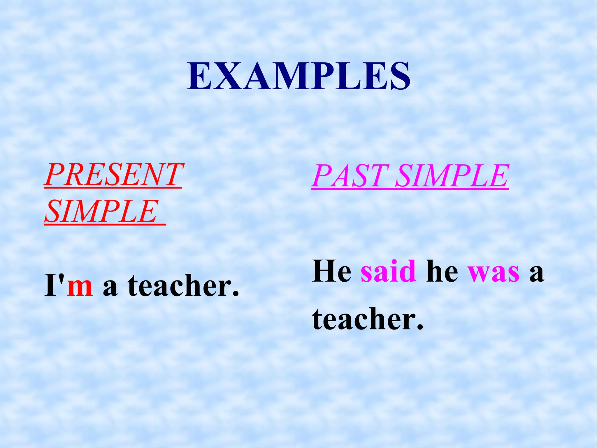 EXAMPLES PRESENT SIMPLE  I' m  a teacher. PAST SIMPLE He  said  he  was  a teacher. 