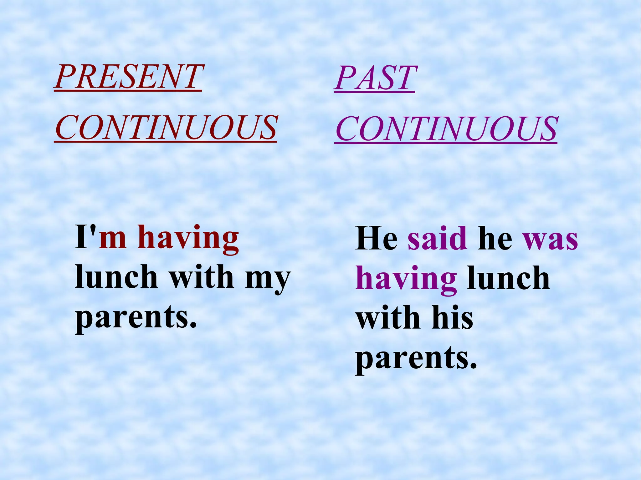 PRESENT CONTINUOUS I' m having  lunch with my parents.  PAST CONTINUOUS He  said  he  was having  lunch with his parents. 