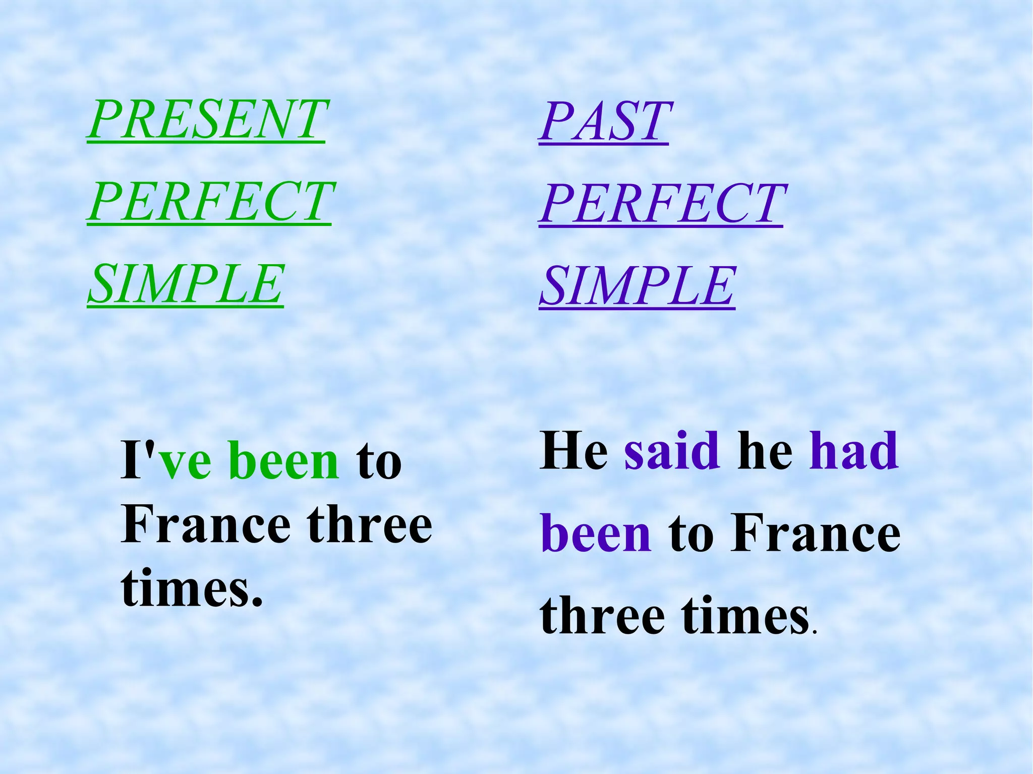 PRESENT PERFECT SIMPLE I' ve been  to France three times.  PAST PERFECT SIMPLE He  said  he  had been  to France three times .  