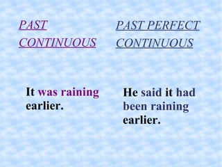 PAST CONTINUOUS It  was raining  earlier. PAST PERFECT CONTINUOUS He  said  it  had been raining  earlier.  