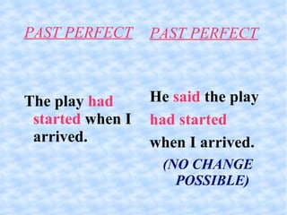 PAST PERFECT The play  had started  when I arrived.  PAST PERFECT He  said  the play had started when I arrived. (NO CHANGE POSSIBLE)‏ 