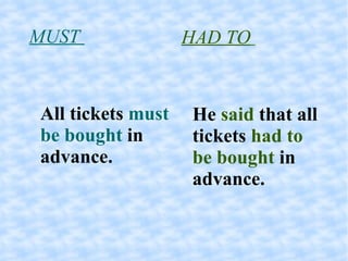 MUST  All tickets  must be bought  in advance. HAD TO   He  said  that all tickets  had to be bought  in advance. 