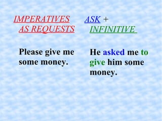IMPERATIVES AS REQUESTS Please give me some money. ASK  +   INFINITIVE  He  asked  me  to give  him some money. 
