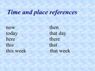 Time and place references now  then today  that day here  there this  that this week  that week 