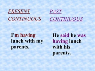 PRESENT CONTINUOUS I' m having  lunch with my parents.  PAST CONTINUOUS He  said  he  was having  lunch with his parents. 