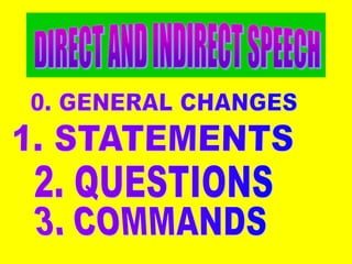 DIRECT AND INDIRECT SPEECH 0. GENERAL CHANGES 1. STATEMENTS 2. QUESTIONS 3. COMMANDS 