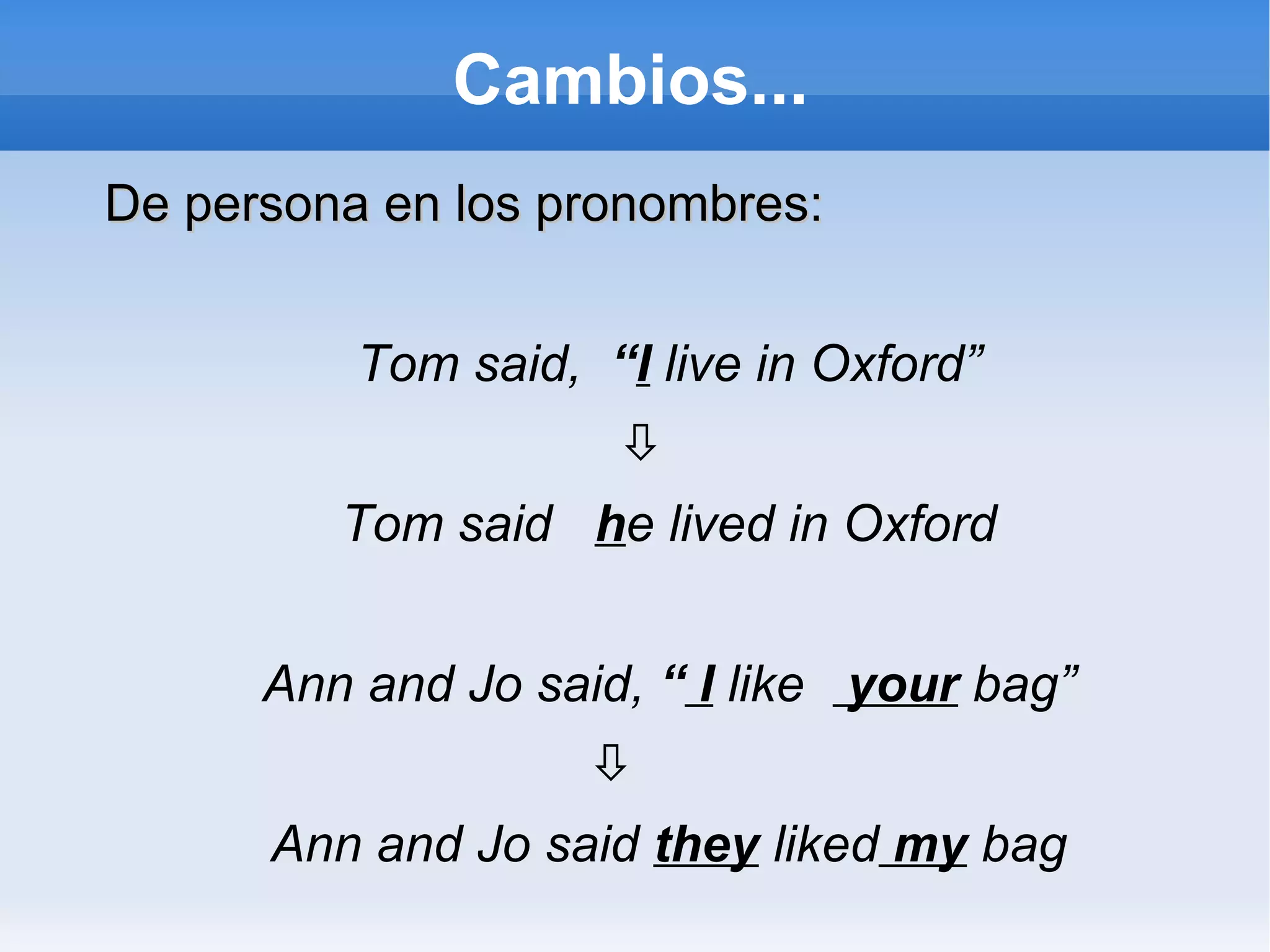 Cambios... De persona en los pronombres: Tom said,  “ I  live in Oxford”  Tom said  h e lived in Oxford Ann and Jo said,  “  I  like  your  bag”      Ann and Jo said  they  liked  my  bag 