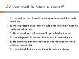 Do you want to know a secret?

   D: He told me that I would never know how much he really
    loved me.
   B: He expressed doubt that I would ever know how much he
    really cared for me.
   F: He offered to confide in me if I promised not to tell.
   A: He whispered in my ear that he was in love with me.
   E: He admitted that the realisation had dawned on him a
    week or two earlier.
   C: He insisted that we were the only ones who knew.
 