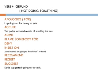 VERB+ GERUND
        ( NOT DOING SOMETHING)

APOLOGIZE ( FOR)
I apologized for being so late.
ACCUSE
The police accused Maria of stealing the car.
ADMIT
BLAME SOMEBODY FOR
DENY
INSIST ON
Jane insisted on going to the dcotor’s with me
RECOMMEND
REGRET
SUGGEST
Katie suggested going for a walk.
 