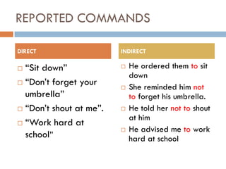 REPORTED COMMANDS

DIRECT                   INDIRECT

 “Sit down”                He ordered them to sit
                             down
 “Don’t forget your
                            She reminded him not
  umbrella”                  to forget his umbrella.
 “Don’t shout at me”.      He told her not to shout
                             at him
 “Work hard at
                            He advised me to work
  school”                    hard at school
 