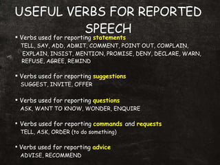 USEFUL VERBS FOR REPORTED SPEECH Verbs used for reporting  statements TELL, SAY, ADD, ADMIT, COMMENT, POINT OUT, COMPLAIN, EXPLAIN, INSIST, MENTION, PROMISE, DENY, DECLARE, WARN, REFUSE, AGREE, REMIND  Verbs used for reporting  suggestions SUGGEST, INVITE, OFFER  Verbs used for reporting  questions ASK, WANT TO KNOW, WONDER, ENQUIRE Verbs used for reporting  commands  and  requests TELL, ASK, ORDER (to do something) Verbs used for reporting  advice ADVISE, RECOMMEND 