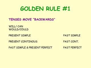 GOLDEN RULE #1
TENSES MOVE “BACKWARDS”

WILL/ CAN
WOULD/COULD

PRESENT SIMPLE                  PAST SIMPLE

PRESENT CONTINOUS               PAST CONT.

PAST SIMPLE & PRESENT PERFECT   PAST PERFECT
 