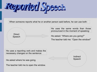 When someone reports what he or another person said before, he can use both:


                                           He uses the same words than those
                                           pronounced in the moment of speaking:
       Direct
      Speech                               He asked: “Where are you going?”
                                           The teacher told me: “Open the window!”




He uses a reporting verb and makes the
necessary changes on the sentence:
                                                                 Indirect
                                                                 Speech
He asked where he was going.

The teacher told me to open the window.
 