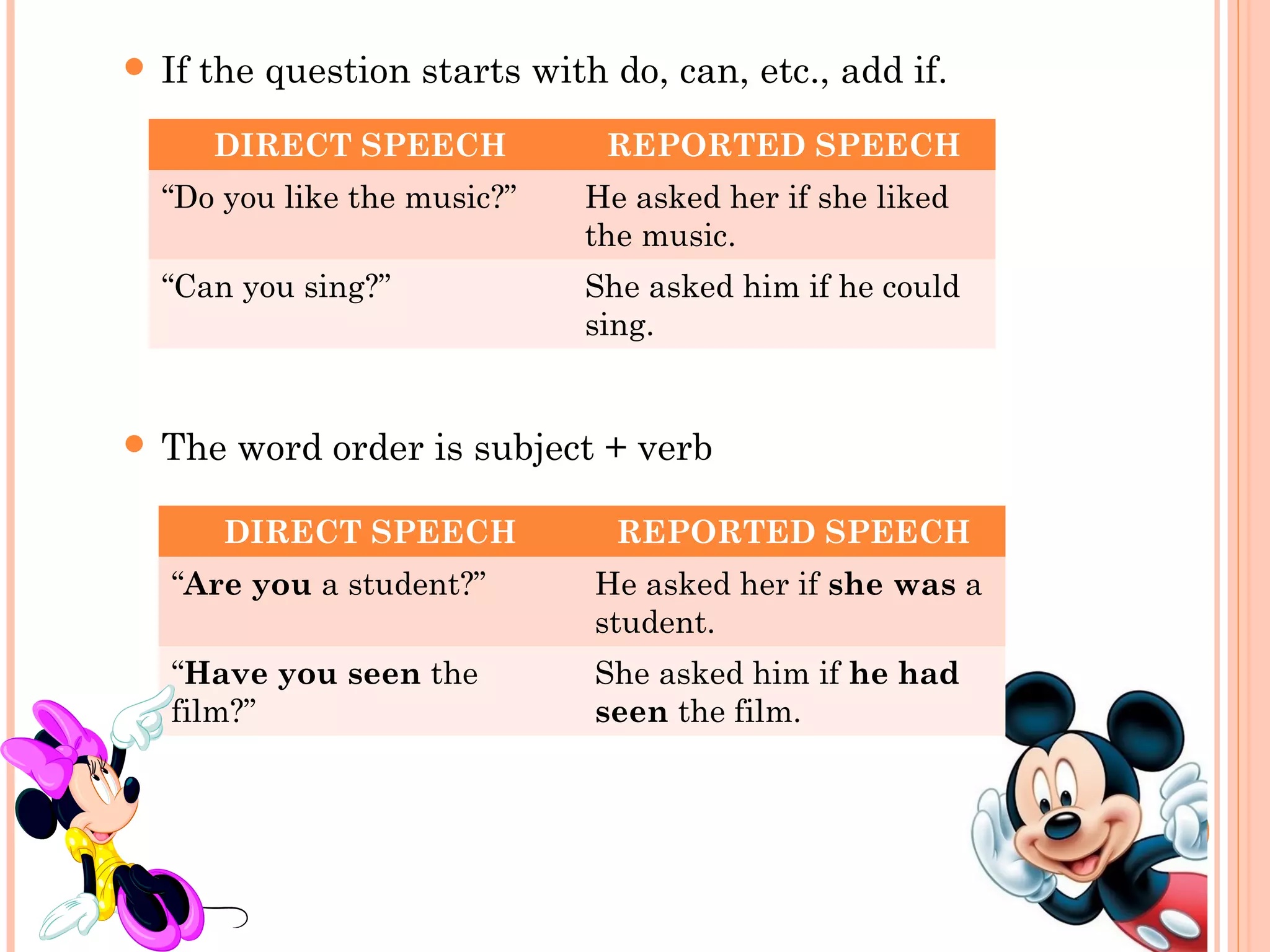  If   the question starts with do, can, etc., add if.
       DIRECT SPEECH            REPORTED SPEECH
  “Do you like the music?”     He asked her if she liked
                               the music.
  “Can you sing?”              She asked him if he could
                               sing.


 The    word order is subject + verb

        DIRECT SPEECH            REPORTED SPEECH
  “Are you a student?”         He asked her if she was a
                               student.
  “Have you seen the           She asked him if he had
  film?”                       seen the film.
 