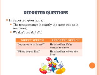 REPORTED QUESTIONS
   In reported questions:
     The tenses change in exactly the same way as in
      sentences;
     We don’t use do/ did.


            DIRECT SPEECH          REPORTED SPEECH
        “Do you want to dance?”   He asked her if she
                                  wanted to dance.
        “Where do you live?”      He asked her where she
                                  lived.
 