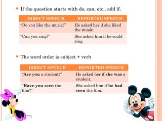  If   the question starts with do, can, etc., add if.
       DIRECT SPEECH            REPORTED SPEECH
  “Do you like the music?”     He asked her if she liked
                               the music.
  “Can you sing?”              She asked him if he could
                               sing.


 The    word order is subject + verb

        DIRECT SPEECH            REPORTED SPEECH
  “Are you a student?”         He asked her if she was a
                               student.
  “Have you seen the           She asked him if he had
  film?”                       seen the film.
 