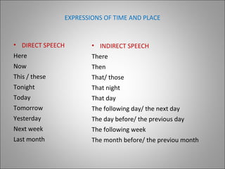 EXPRESSIONS OF TIME AND PLACE
• DIRECT SPEECH
Here
Now
This / these
Tonight
Today
Tomorrow
Yesterday
Next week
Last month
• INDIRECT SPEECH
There
Then
That/ those
That night
That day
The following day/ the next day
The day before/ the previous day
The following week
The month before/ the previou month
 