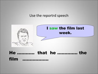 Use the reportrd speech
I saw the film last
week.
He ............ that he .............. the
film ..................
 