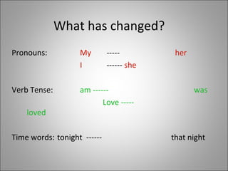 What has changed?
Pronouns: My ----- her
I ------ she
Verb Tense: am ------ was
Love -----
loved
Time words: tonight ------ that night
 