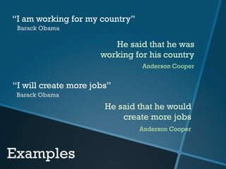 “I am working for my country”
Barack Obama

He said that he was
working for his country
Anderson Cooper

“I will create more jobs”
Barack Obama

He said that he would
create more jobs
Anderson Cooper

Examples

 