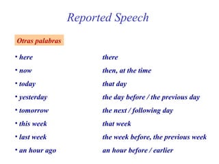 Reported Speech
Otras palabras

• here                 there
• now                  then, at the time
• today             ...