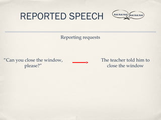 REPORTED SPEECH                              BLAH, BLAH, BLAH   BLAH, BLAH, BLAH




                         Reporting requests



“Can you close the window,                    The teacher told him to
         please?”                               close the window
 