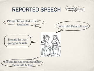 REPORTED SPEECH                BLAH, BLAH, BLAH   BLAH, BLAH, BLAH




  He said he wanted to be a
          footballer
                              What did Peter tell you?



  He said he was
  going to be rich




He said he had seen Beckham
      the month before
 