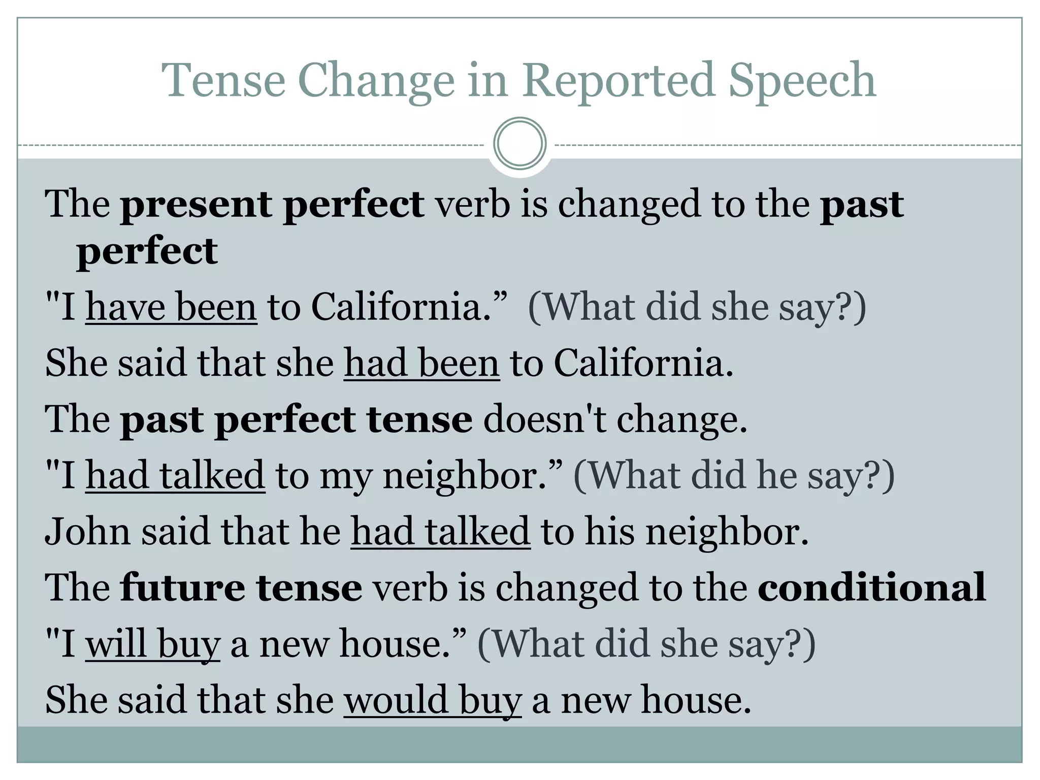 Tense Change in Reported Speech
The present perfect verb is changed to the past
perfect
"I have been to California.” (What did she say?)
She said that she had been to California.
The past perfect tense doesn't change.
"I had talked to my neighbor.” (What did he say?)
John said that he had talked to his neighbor.
The future tense verb is changed to the conditional
"I will buy a new house.” (What did she say?)
She said that she would buy a new house.
 