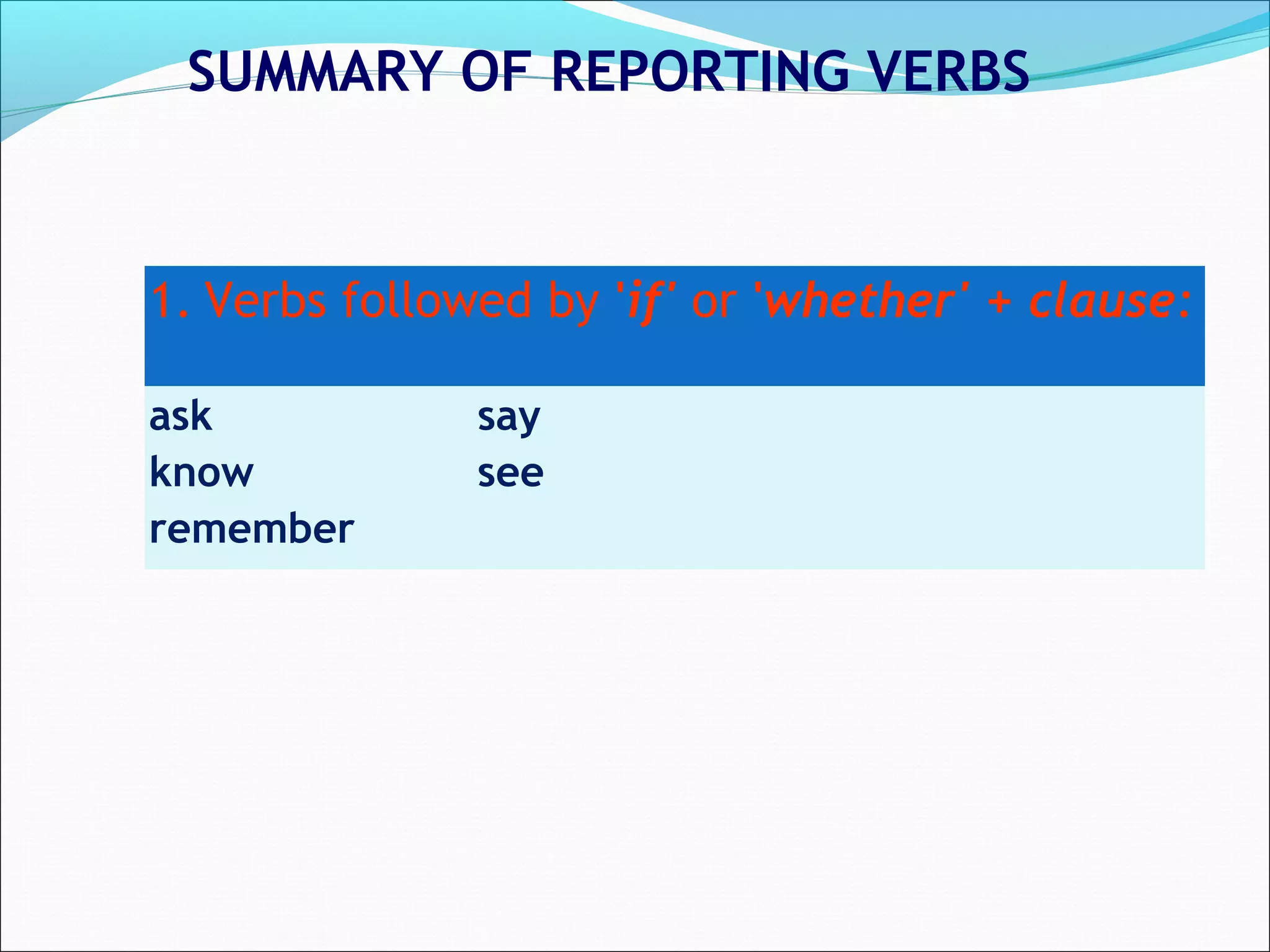 1. Verbs followed by 'if' or 'whether' + clause:
ask
know
remember
say
see
SUMMARY OF REPORTING VERBS
 