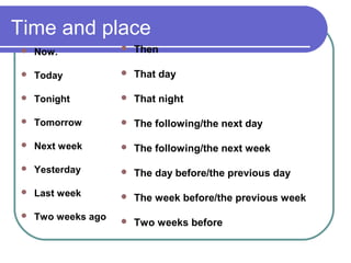 Time and place
 Now.
 Today
 Tonight
 Tomorrow
 Next week
 Yesterday
 Last week
 Two weeks ago
 Then
 That day
 That night
 The following/the next day
 The following/the next week
 The day before/the previous day
 The week before/the previous week
 Two weeks before
 