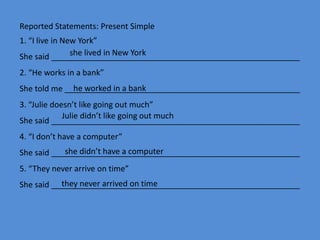 Reported Statements: Present Simple
1. “I live in New York”
She said ________________________________________________________
2. “He works in a bank”
She told me _____________________________________________________
3. “Julie doesn’t like going out much”
She said ________________________________________________________
4. “I don’t have a computer”
She said ________________________________________________________
5. “They never arrive on time”
She said ________________________________________________________
she lived in New York
he worked in a bank
Julie didn’t like going out much
she didn’t have a computer
they never arrived on time
 