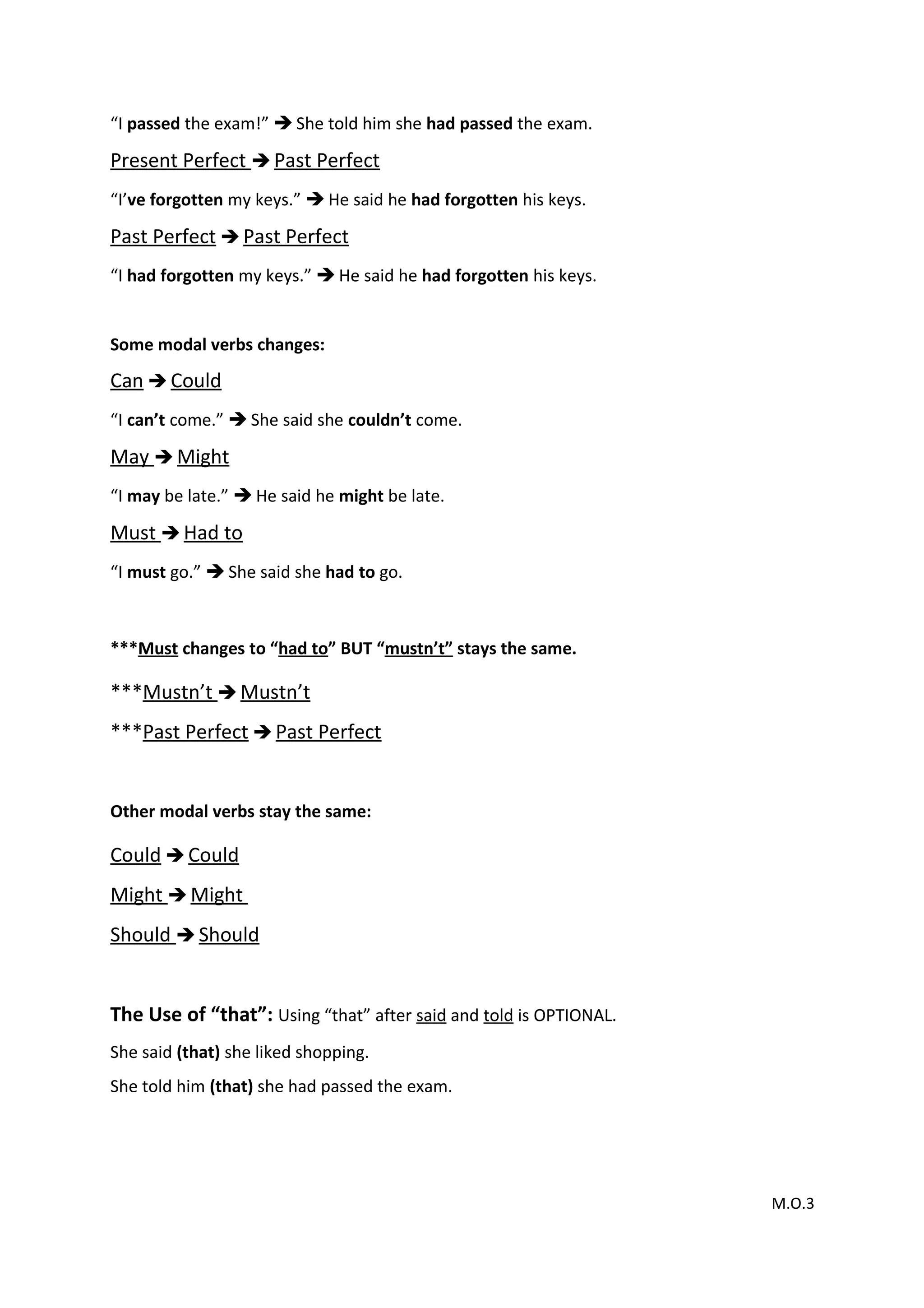 “I passed the exam!”  She told him she had passed the exam.
Present Perfect  Past Perfect
“I’ve forgotten my keys.”  He said he had forgotten his keys.
Past Perfect  Past Perfect
“I had forgotten my keys.”  He said he had forgotten his keys.
Some modal verbs changes:
Can  Could
“I can’t come.”  She said she couldn’t come.
May  Might
“I may be late.”  He said he might be late.
Must  Had to
“I must go.”  She said she had to go.
***Must changes to “had to” BUT “mustn’t” stays the same.
***Mustn’t  Mustn’t
***Past Perfect  Past Perfect
Other modal verbs stay the same:
Could  Could
Might  Might
Should  Should
The Use of “that”: Using “that” after said and told is OPTIONAL.
She said (that) she liked shopping.
She told him (that) she had passed the exam.
M.O.3
 