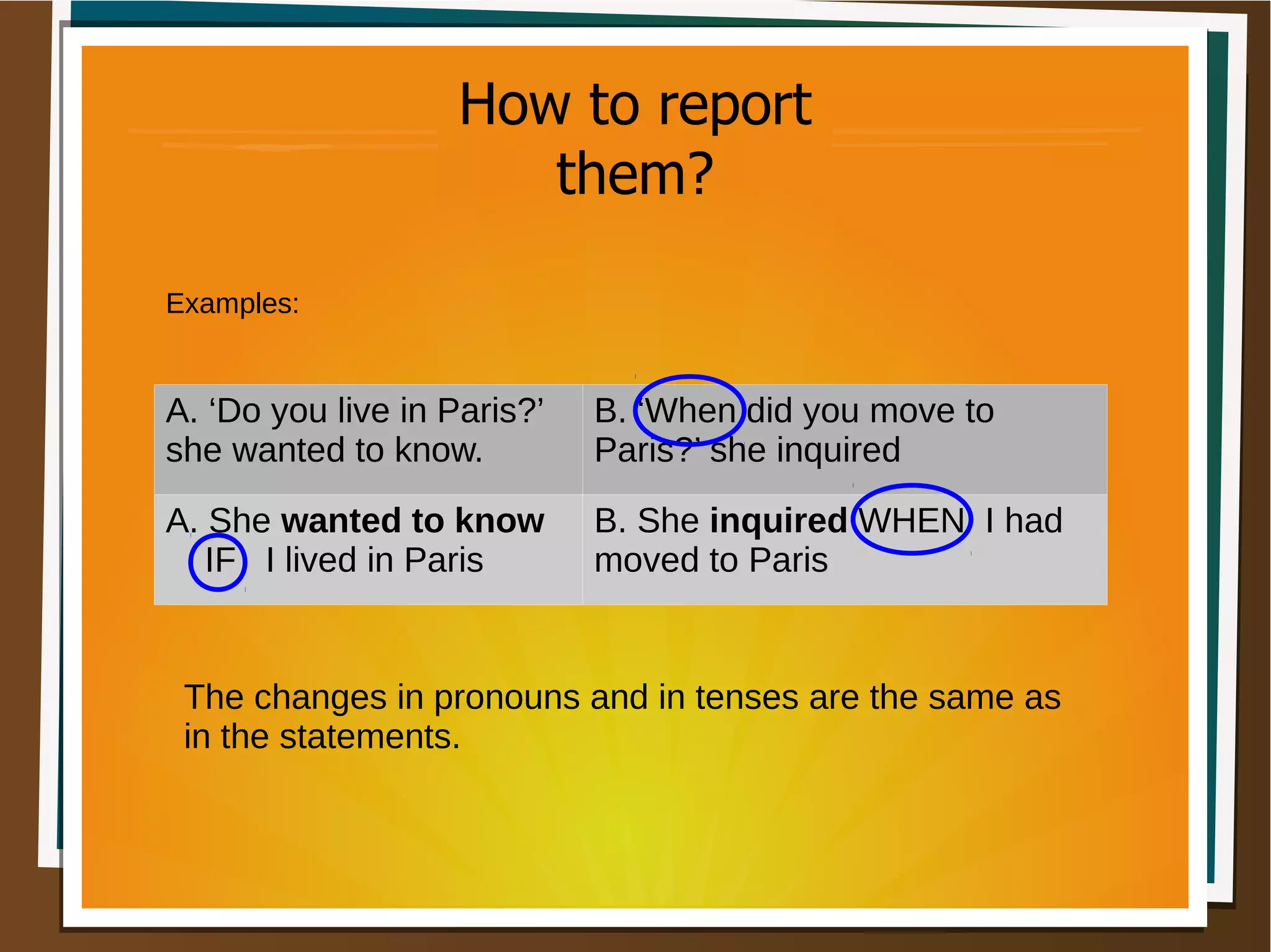 A. ‘Do you live in Paris?’
she wanted to know.
B. ‘When did you move to
Paris?’ she inquired
A. She wanted to know
IF I lived in Paris
B. She inquired WHEN I had
moved to Paris
How to report
them?
The changes in pronouns and in tenses are the same as
in the statements.
Examples:
 