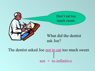 Don’t eat too
much sweet.
What did the dentist
ask Joe?
The dentist asked Joe not to eat too much sweet.
not + to-infinitive
 