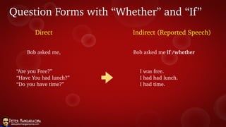 Question Forms with “Whether” and “If”
“Are you Free?”
“Have You had lunch?”
“Do you have time?”
Direct
Bob asked me,
Indirect (Reported Speech)
Bob asked me if /whether
I was free.
I had had lunch.
I had time.
 
