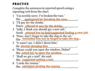 apologized for breaking the vase.
offered to pay for the drinks.
advised her to find/suggested finding a new job.
reminded him not to forget to take the dog…
denied shooting him.
asked her to open the window.
suggested getting a taxi.
admitted stealing the money
 