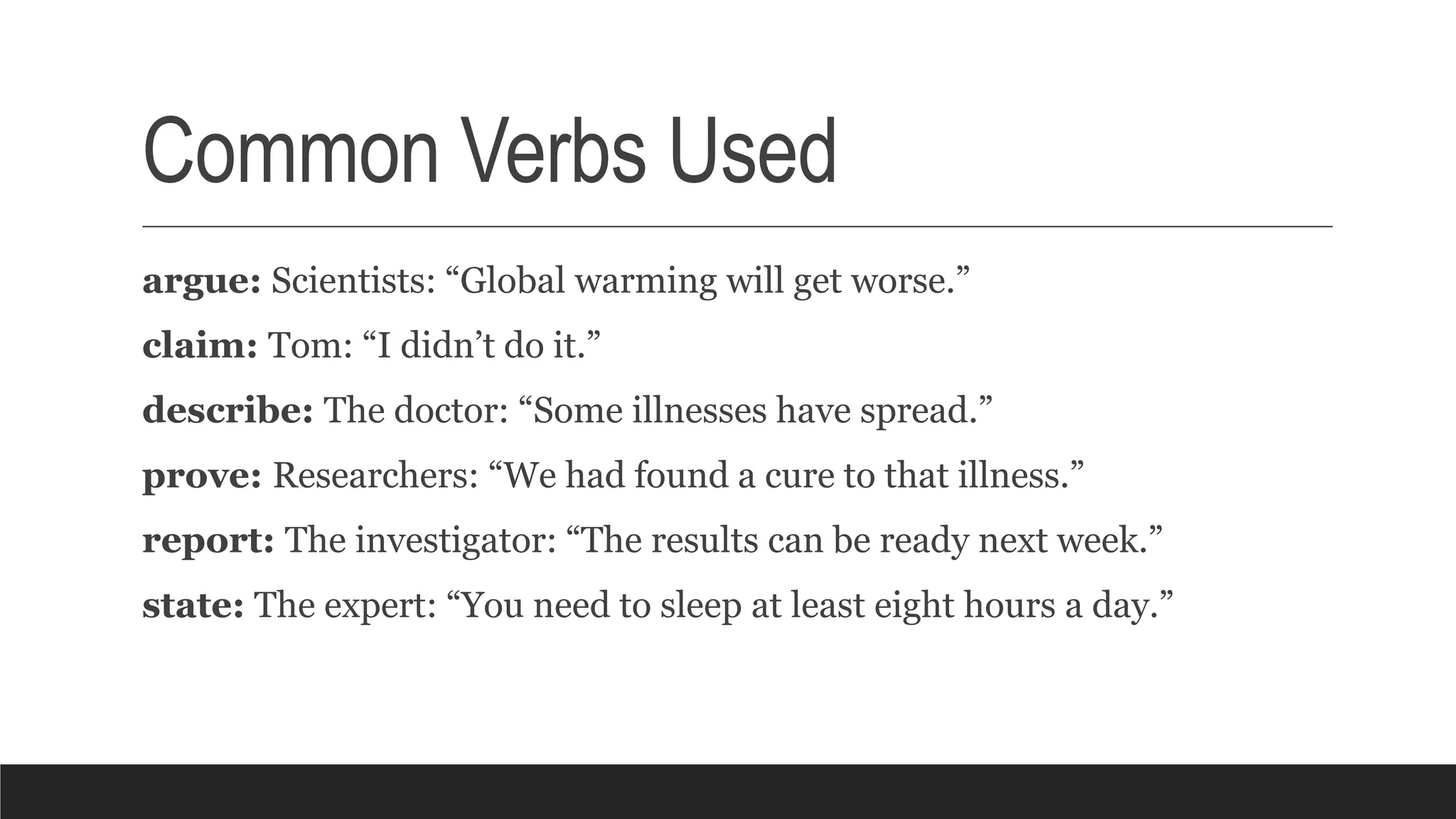 Common Verbs Used
argue: Scientists: “Global warming will get worse.”
claim: Tom: “I didn’t do it.”
describe: The doctor: “Some illnesses have spread.”
prove: Researchers: “We had found a cure to that illness.”
report: The investigator: “The results can be ready next week.”
state: The expert: “You need to sleep at least eight hours a day.”
 