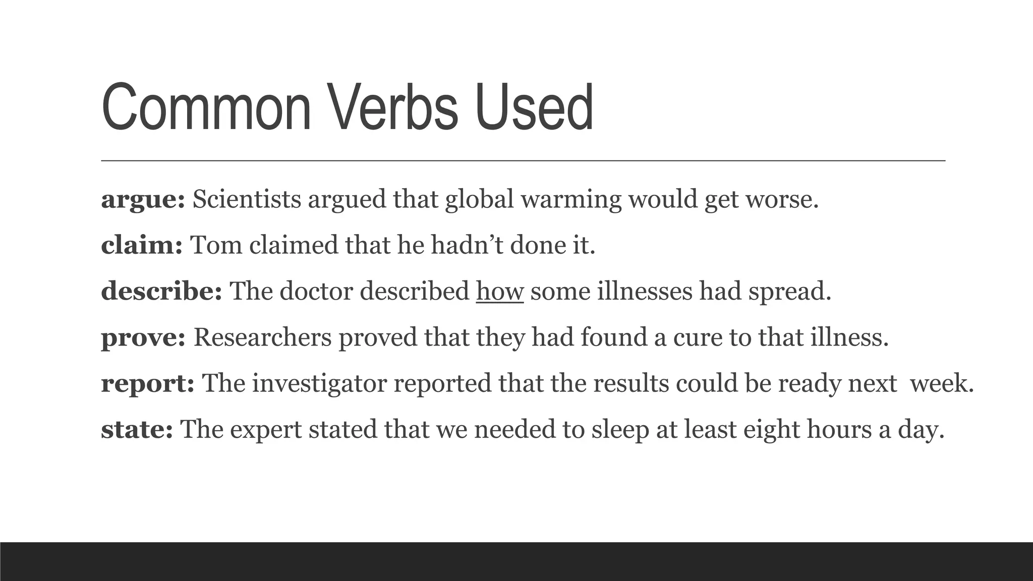 Common Verbs Used
argue: Scientists argued that global warming would get worse.
claim: Tom claimed that he hadn’t done it.
describe: The doctor described how some illnesses had spread.
prove: Researchers proved that they had found a cure to that illness.
report: The investigator reported that the results could be ready next week.
state: The expert stated that we needed to sleep at least eight hours a day.
 