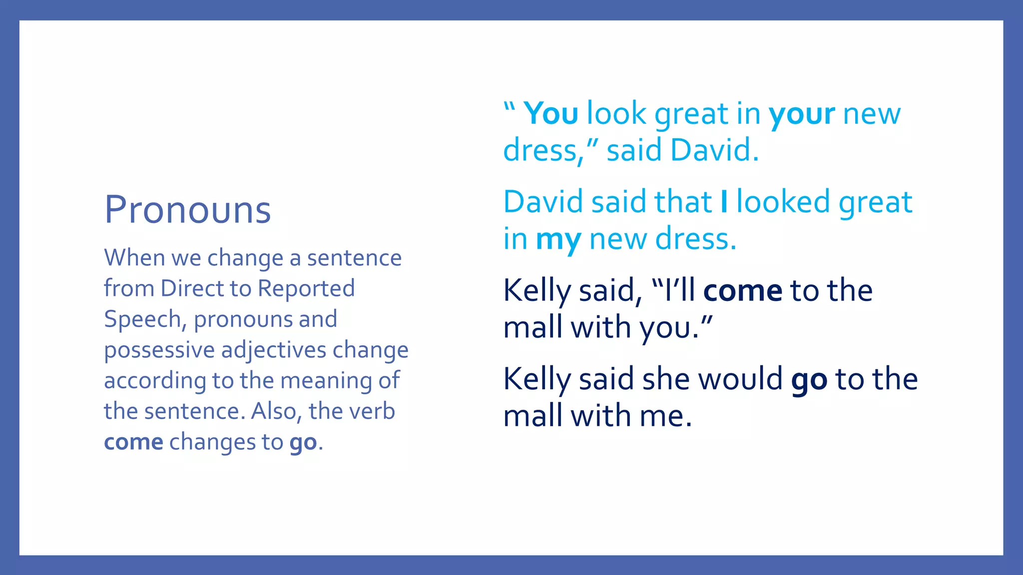 Pronouns
“ You look great in your new
dress,” said David.
David said that I looked great
in my new dress.
Kelly said, “I’ll come to the
mall with you.”
Kelly said she would go to the
mall with me.
When we change a sentence
from Direct to Reported
Speech, pronouns and
possessive adjectives change
according to the meaning of
the sentence. Also, the verb
come changes to go.
 