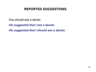 REPORTED SUGGESTIONS.
-You should see a doctor.
-He suggested that I see a doctor.
-He suggested that I should see a doctor.
16
 