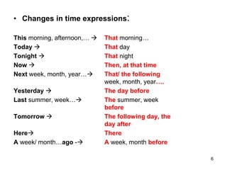 • Changes in time expressions:
This morning, afternoon,…  That morning…
Today  That day
Tonight  That night
Now  Then, at that time
Next week, month, year… That/ the following
week, month, year….
Yesterday  The day before
Last summer, week… The summer, week
before
Tomorrow  The following day, the
day after
Here There
A week/ month…ago - A week, month before
6
 
