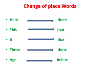 Change of place Words
• Here there
• This that
• It that
• These those
• Ago before
 