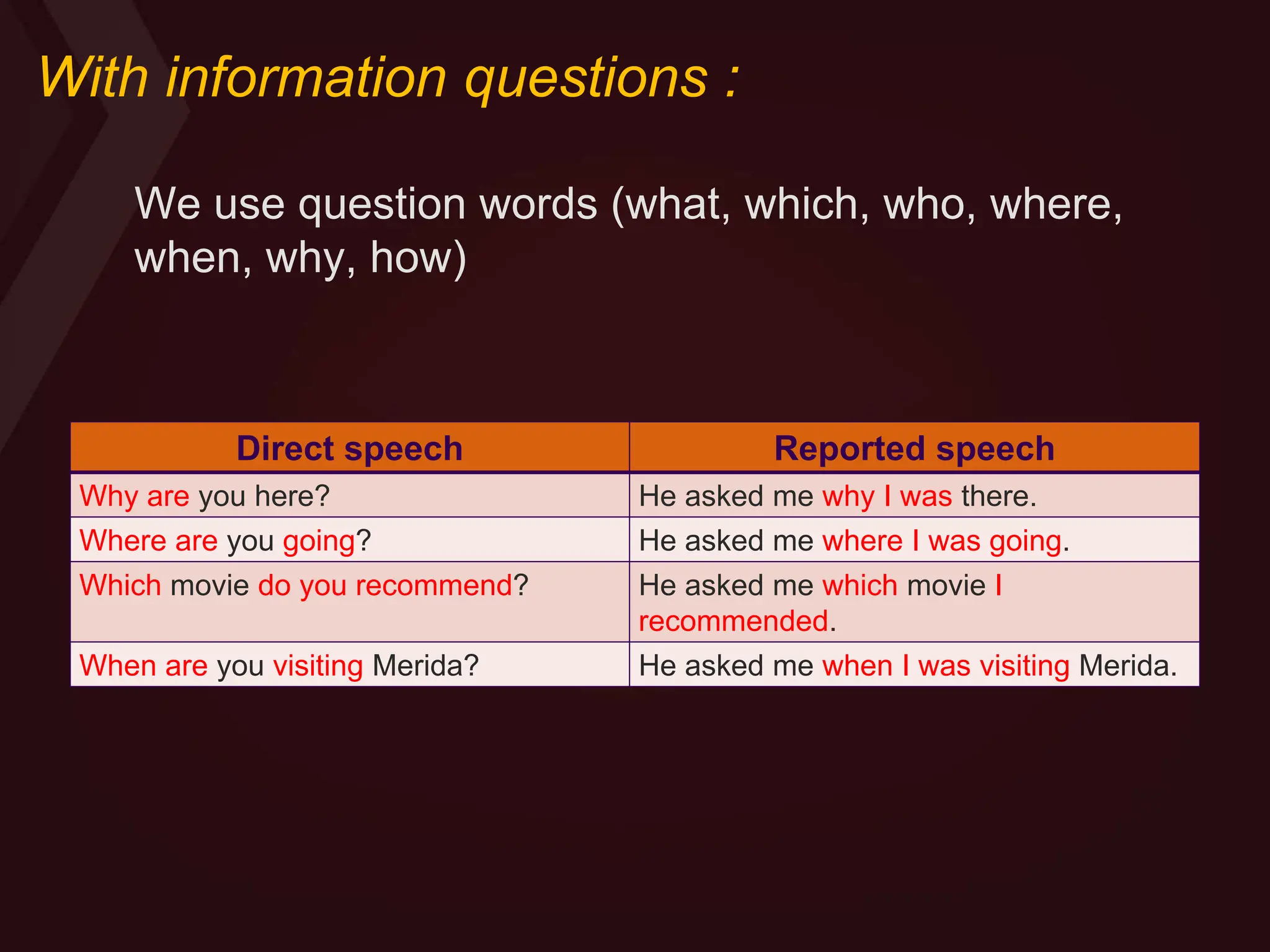 With information questions :
Direct speech Reported speech
Why are you here? He asked me why I was there.
Where are you going? He asked me where I was going.
Which movie do you recommend? He asked me which movie I
recommended.
When are you visiting Merida? He asked me when I was visiting Merida.
We use question words (what, which, who, where,
when, why, how)
 