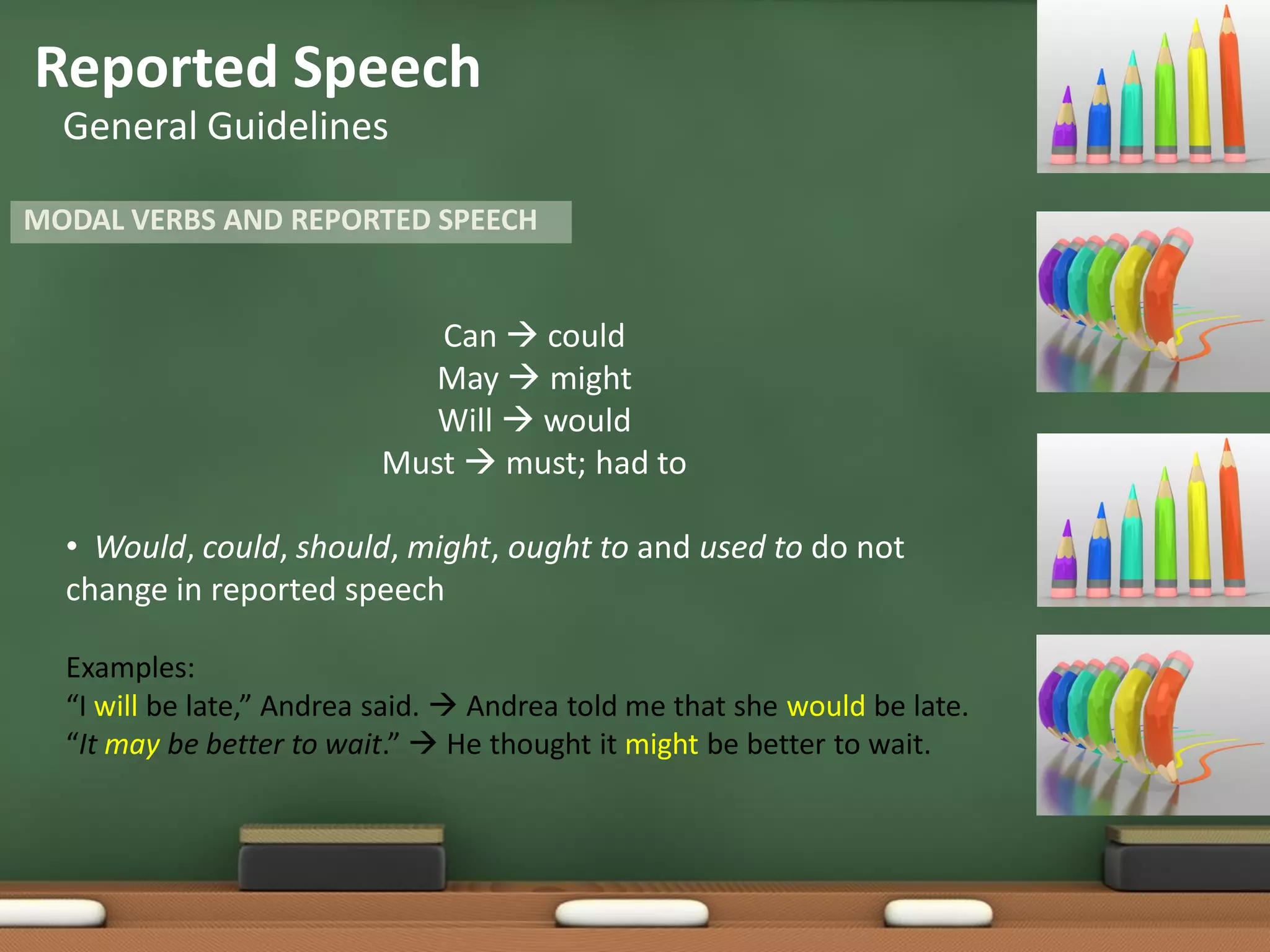Reported Speech
General Guidelines
Can  could
May  might
Will  would
Must  must; had to
• Would, could, should, might, ought to and used to do not
change in reported speech
Examples:
“I will be late,” Andrea said.  Andrea told me that she would be late.
“It may be better to wait.”  He thought it might be better to wait.
MODAL VERBS AND REPORTED SPEECH
 
