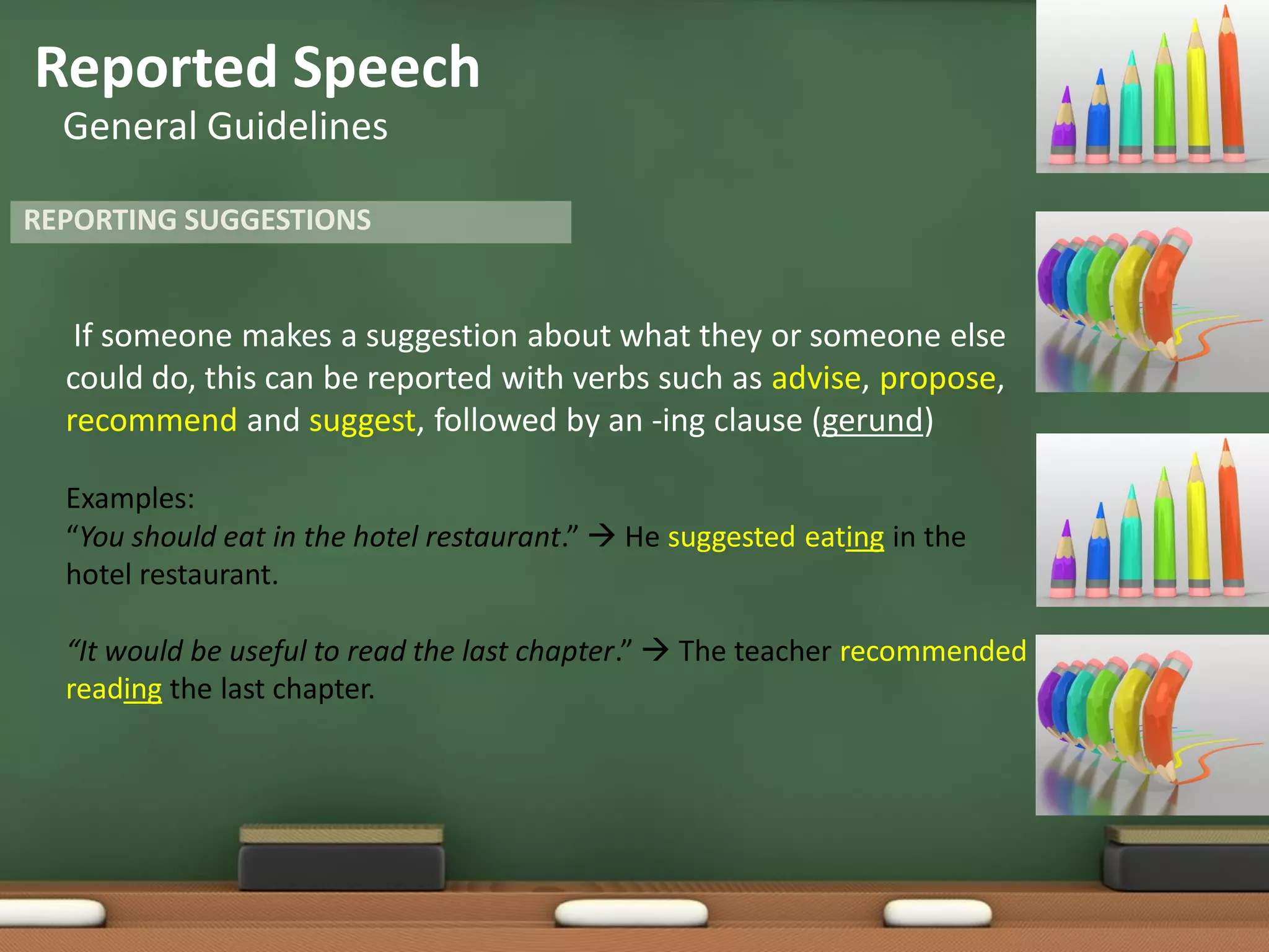 Reported Speech
General Guidelines
If someone makes a suggestion about what they or someone else
could do, this can be reported with verbs such as advise, propose,
recommend and suggest, followed by an -ing clause (gerund)
Examples:
“You should eat in the hotel restaurant.”  He suggested eating in the
hotel restaurant.
“It would be useful to read the last chapter.”  The teacher recommended
reading the last chapter.
REPORTING SUGGESTIONS
 